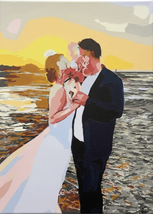 海辺の新郎新婦を描いた作品